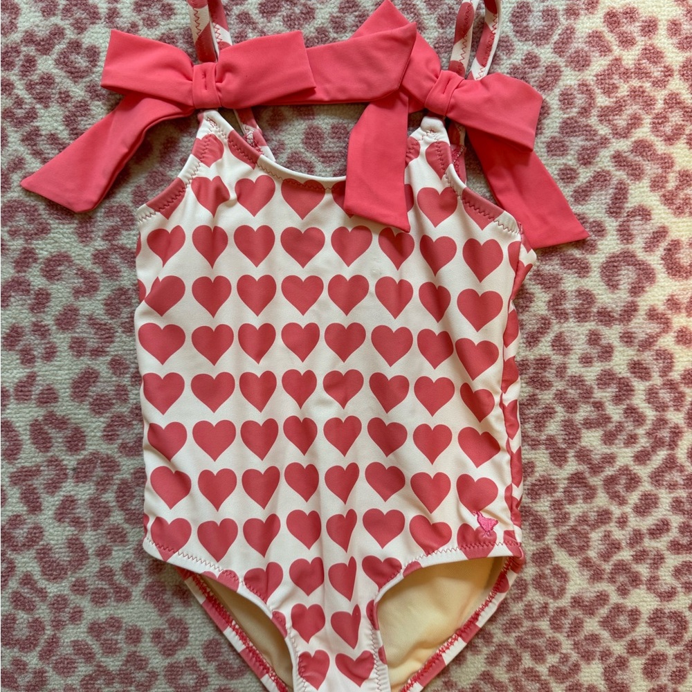 Heart Patterned Swimsuit with bows - pink chicken 2y